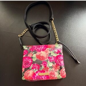 Madden Girl Floral Crossbody Purse Pink Rose Print Chain Strap Clutch Bag